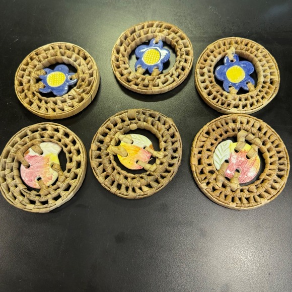 Other - Woven Rattan Ceramic Napkin Rings Set of 6 Brown Blue Floral Apple Motif Decor